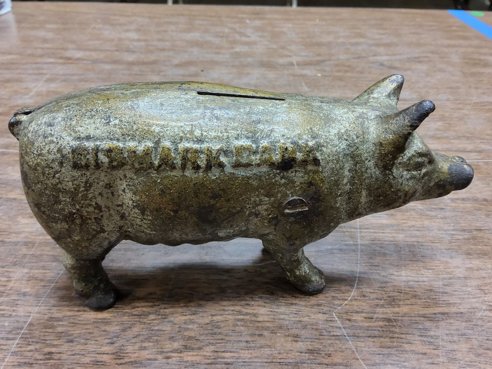 Cast iron pig still bank, "Bismark Bank"