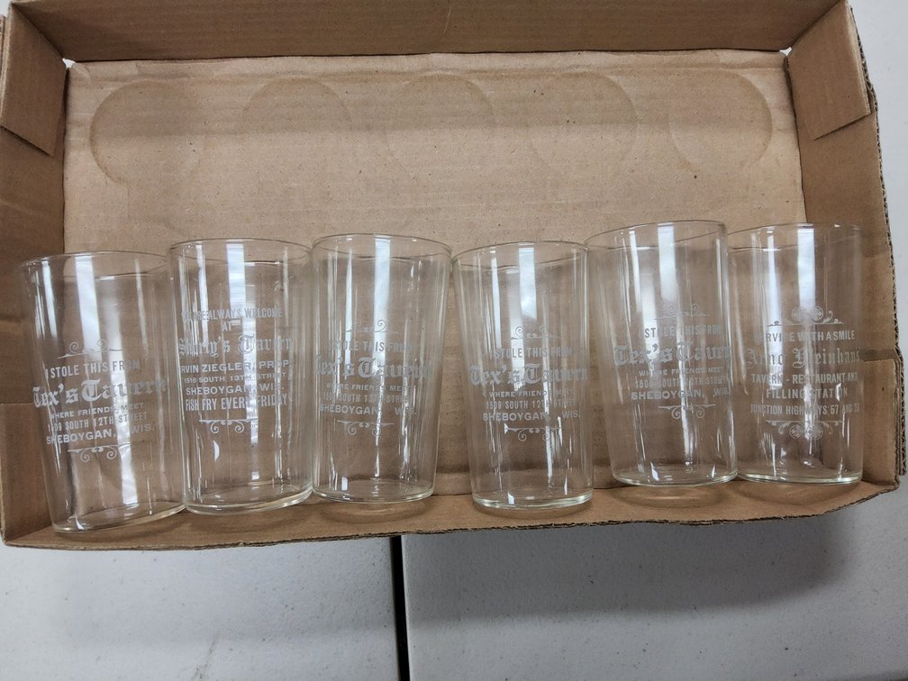 6 Sheboygan area advertising glasses.
