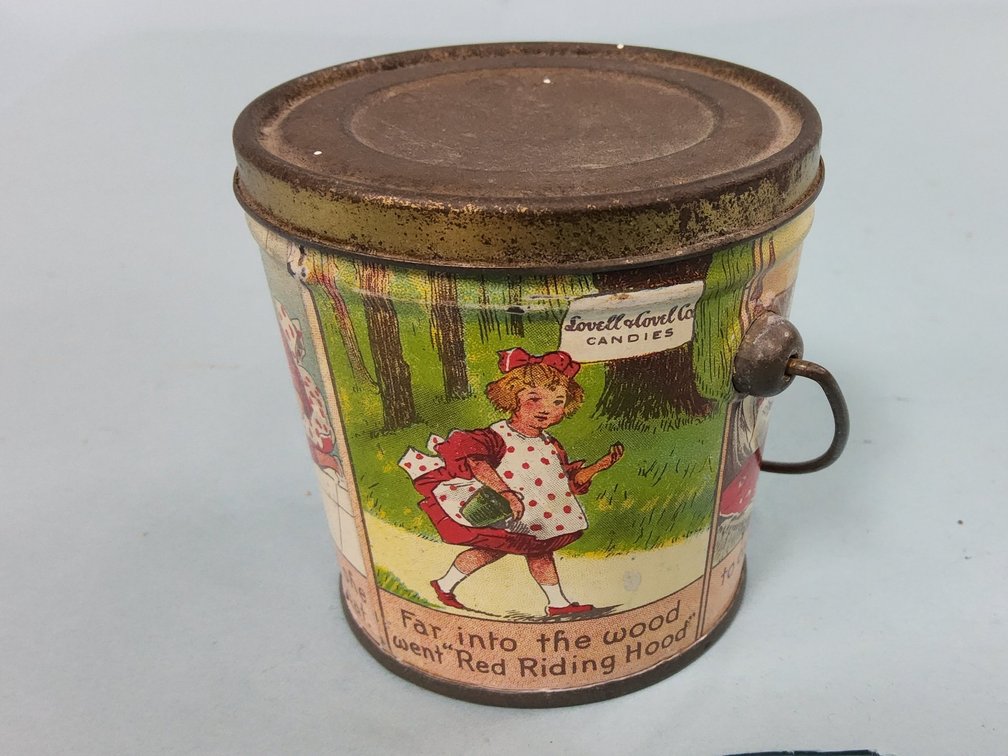 Great, Little Red Riding Hood, tin litho candy pail, Lovell & Covel Co. Candies