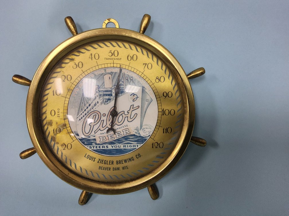 Louis Ziegler Brewing Co. Pilot Beer advertising ship's wheel thermometer