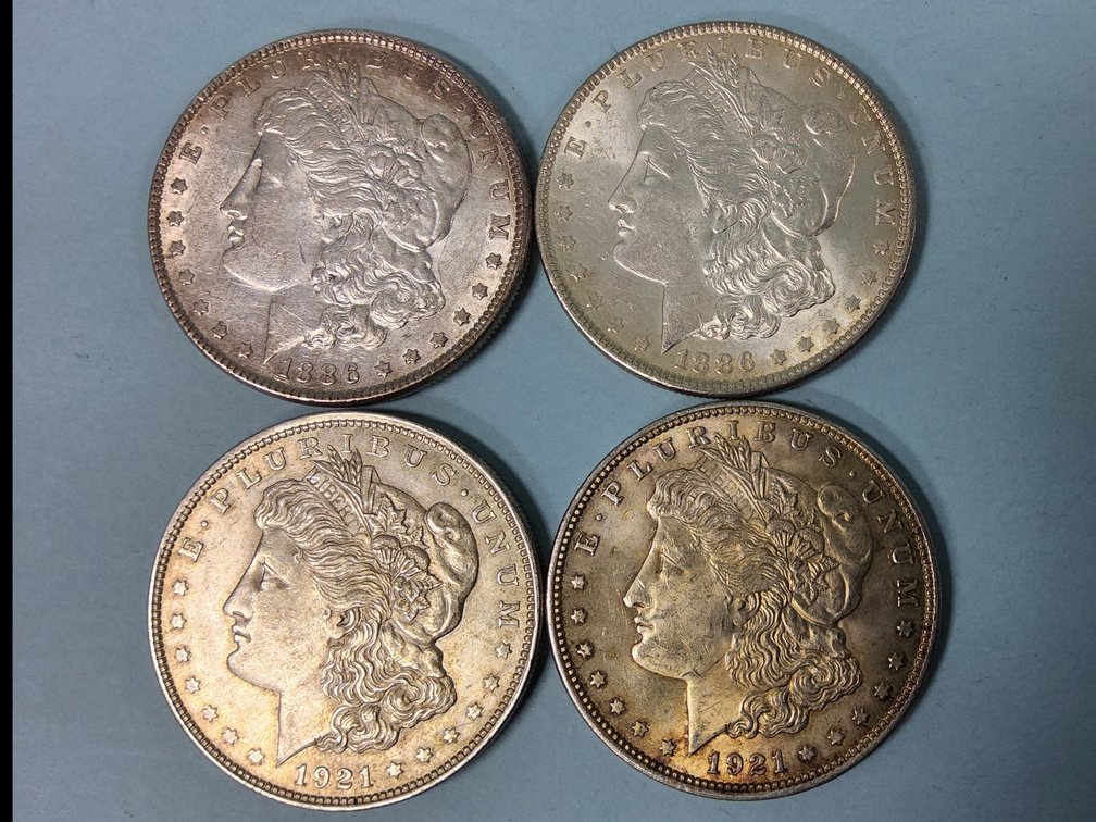 4 Morgan Silver Dollars, 2, 1886 and 2, 1921