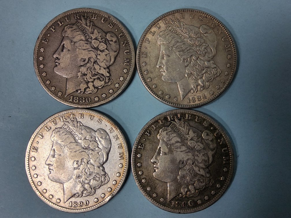 4 Morgan Silver Dollars, 1880, 1884, 1890S & 1896S