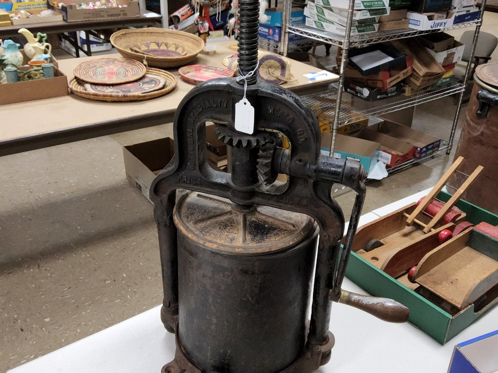 National 2 gallon cast steel sausage stuffer/ lard and juice press. 