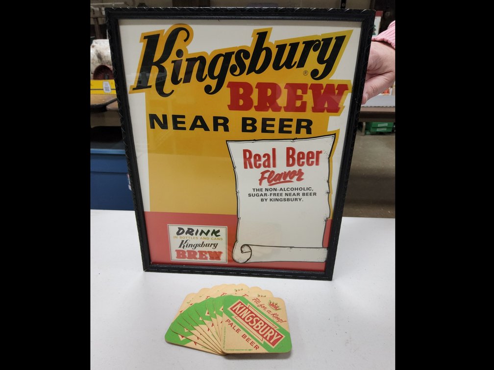 Kingsbury framed near beer sign and coasters