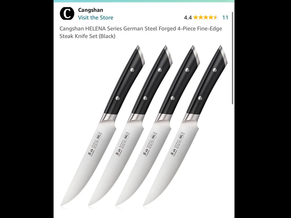 Retails $90 Cangshan HELENA Series German Steel Forged 4-Piece Fine-Edge Steak Knife Set (Black)