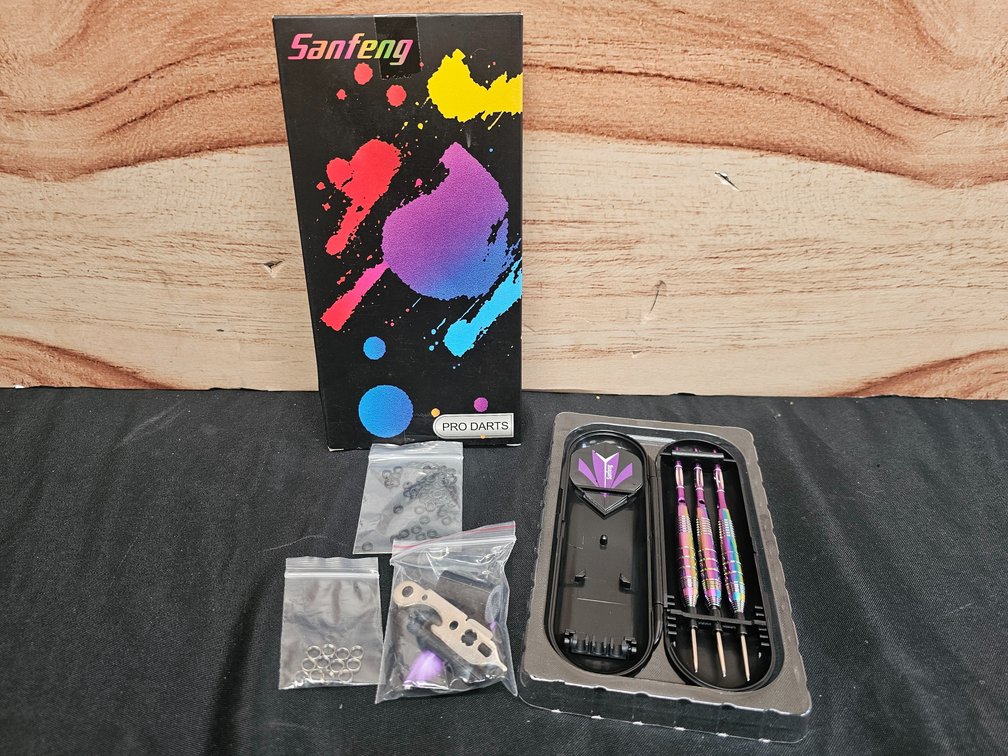 Steel Tip Darts Set for Dartboard, Professional Brass Darts Metal Tip Black Purple Aluminium Nylon Shafts 9 Flights 50 Rubber O-Rings 12 Spring Rings 1 Dart Sharpener Tool 24/27 Grams