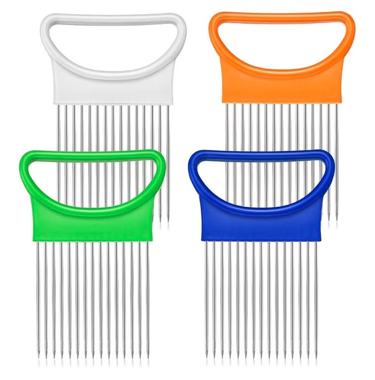 4 Pieces Onion Holder Slicer Stainless Steel Vegetable Tomato Holder Slicer Cutter for Kitchen Worker Safety Cooking Tools, 4 Colors