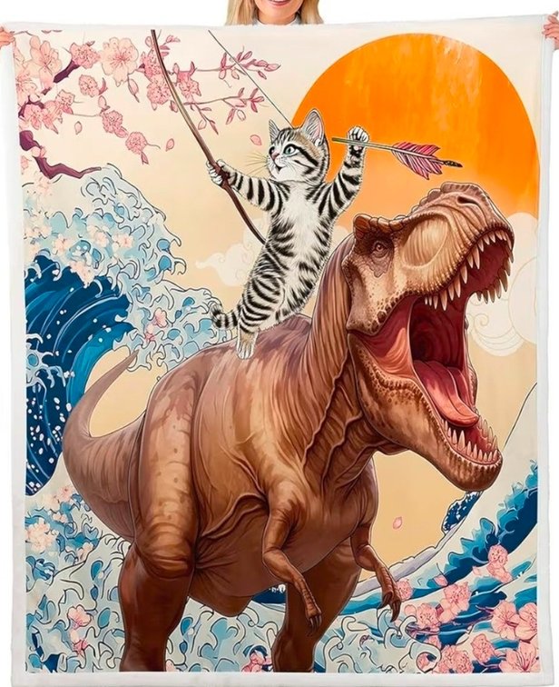 Erosebridal Kids Funny Sherpa Blanket for Bedroom Cat Riding Dinosaur Blanket, Japanese Style Throw Blanket for Chair Oriental Asian Fleece Blanket, Ocean Wave Wildlife Plush Blanket for Boys Girls