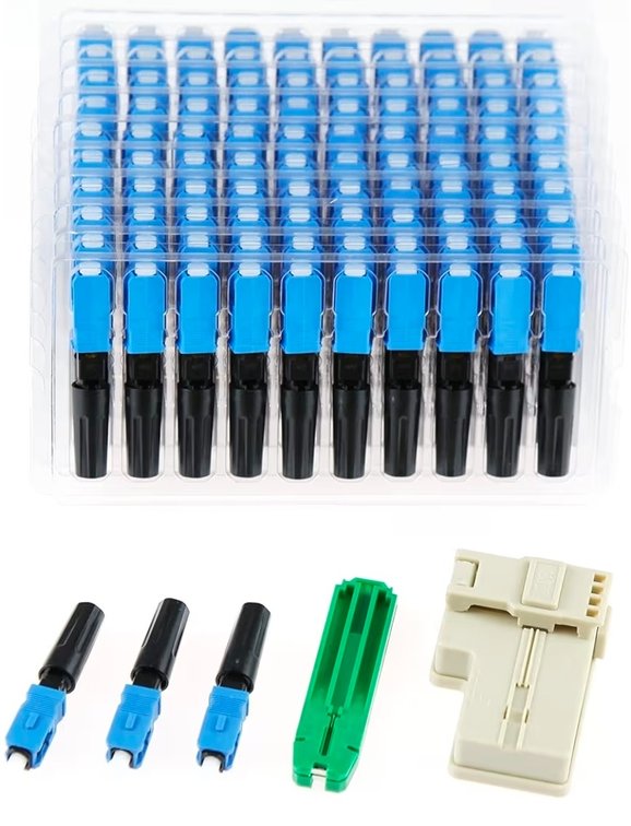 LEITE 100pcs SC UPC Fiber Optic Quick Connector with Matched Tools Fiber Reusable Connectors Single Mode SM 9/125 Mechanical Fast Connectors Adapter for FTTH CATV Network Instrument