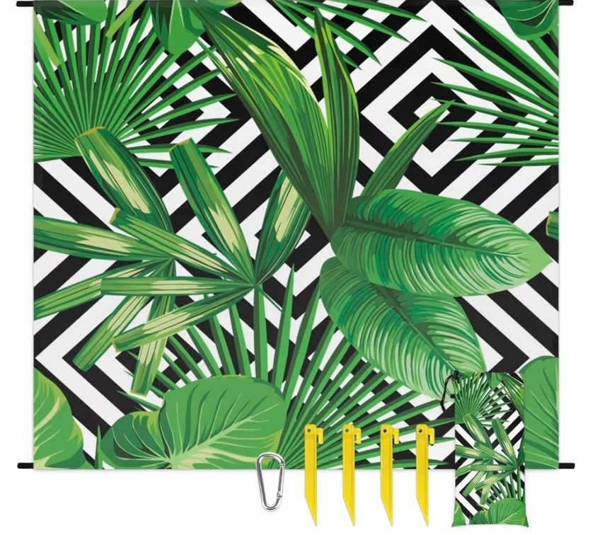 Green Leaf Striped Plant Beach Blanket Waterproof Sandproof Large Lightweight Foldable Polyester Outdoor Picnic Mat with 4 Fixed Stakes 68" X 59" for Beach Camping Hiking Travel Vacation