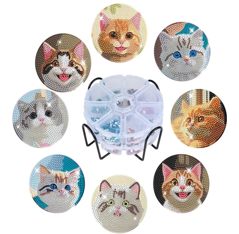 Diamond Coasters Art Painting Kit, 8pcs Diamond Cute Cat Art Coasters with Holder DIY Diamond Crafts Art Supplies for Adults Kids Beginners Beach House Decor (New Cat Style)