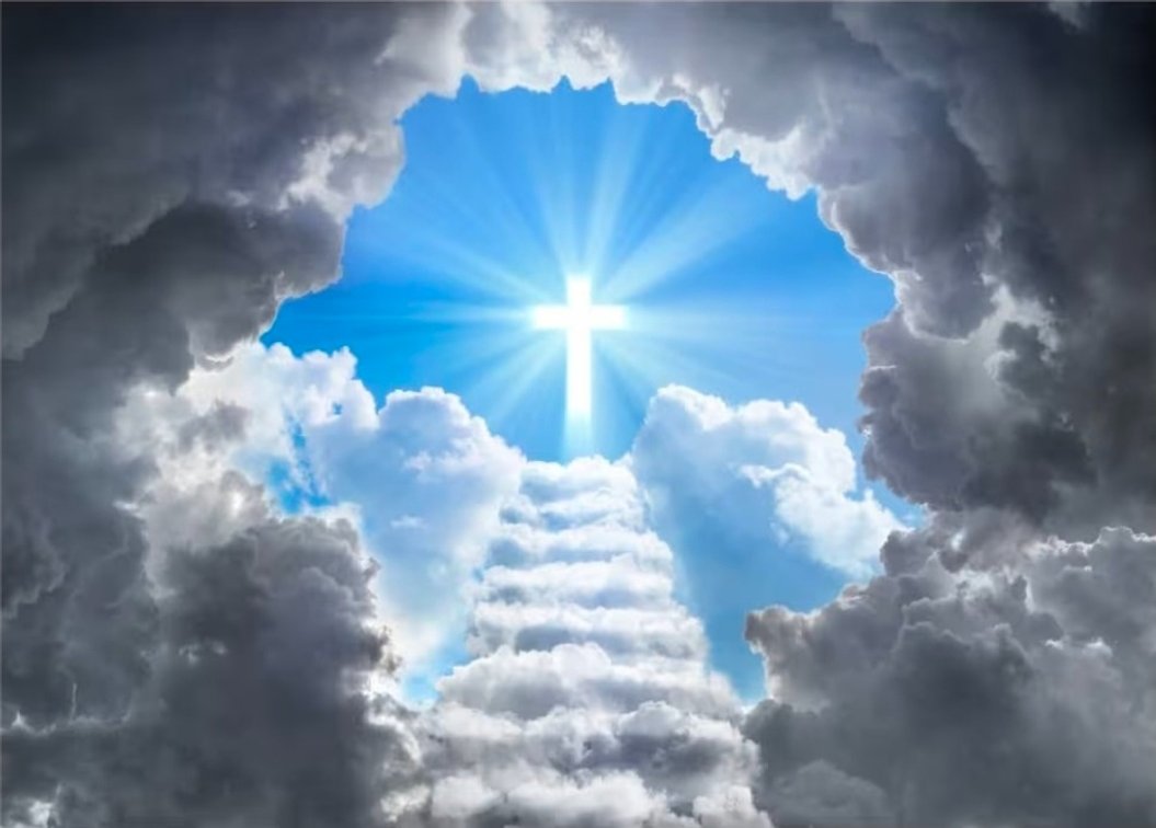 Leyiyi 8x6ft Stairway to Heaven Backdrops for Photography Sky Clouds Glowing Crucifix Jesus Christ God Belief Cross Photo Background Christian Church Events Decorations Newborn Photo Studio Props