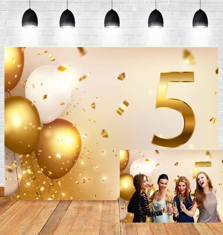 OERJU 8x6ft 5 Year Celebration Backdrop Thank You Theme Glitter Golden Confetti White Balloons Photography Background 5st Anniversary Day Engagement Wedding Party Kids Birthday Party Banner Vinyl