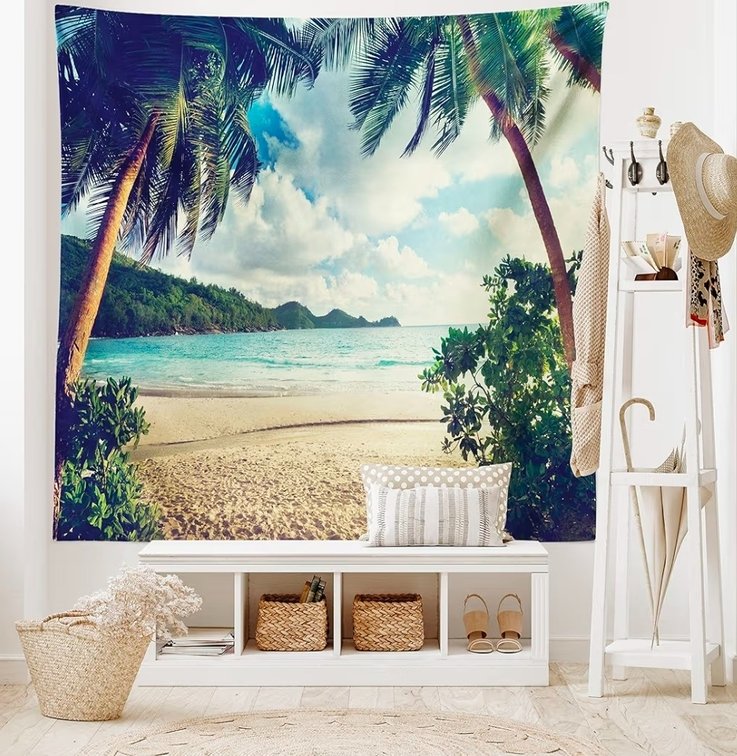 Ambesonne Palm Tree Tapestry, Summer Beach Vintage Style Tropical Sunset Picture Print, Wide Wall Hanging for Bedroom Living Room Dorm, 80" X 60", Dark Green Sand Brown