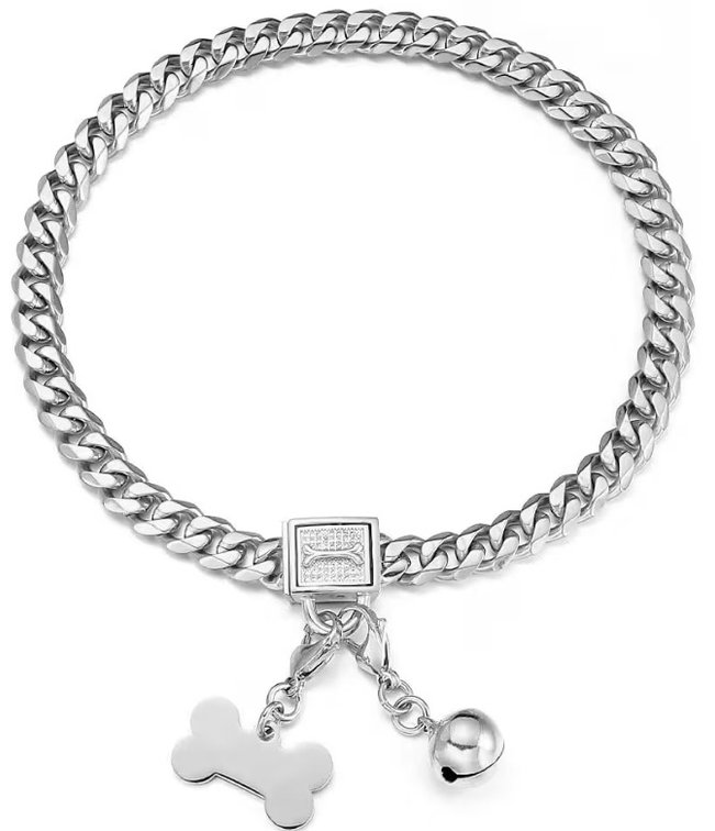 Dog Chain Collar Silver Stainless Steel Cuban Link Chain Collar Width 11/15/19mm with Rhinestone Safety Buckle ID Tag and Bell Chew-Proof Water-Proof for Large Medium Small Dogs(14mm,18'')
