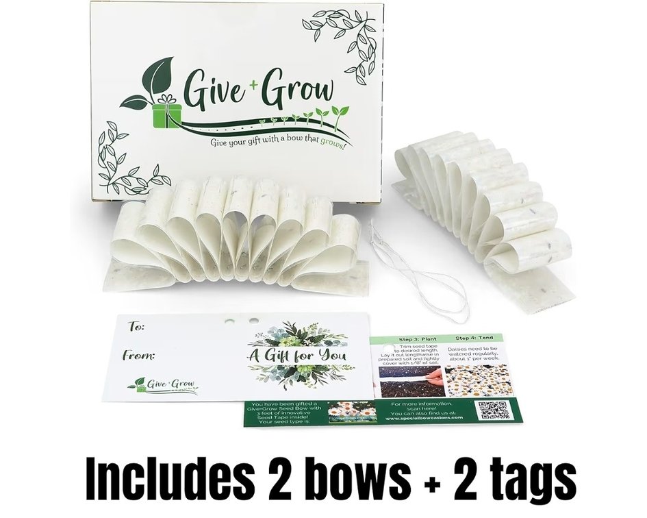 (9) Eco-Friendly Plantable Bows for Gifts - Daisy Flowers - 2 White Gift Bows with 3 Feet of Organic Non-GMO Seed Tape - Gift for Gardeners - Completely Recyclable and Sustainable Design