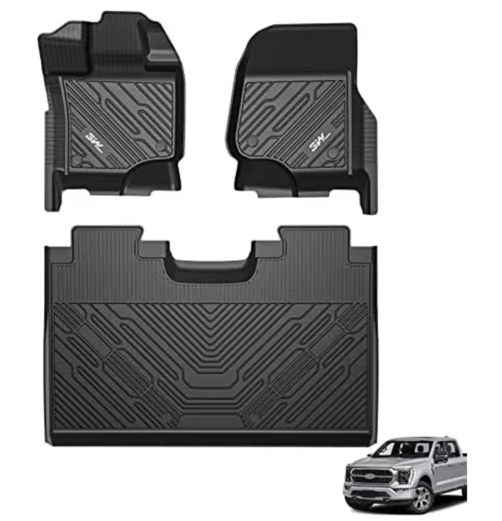 3W Floor Mats for Ford F-150 2015-2025 & F150 Lightning 2022-2025 SuperCrew (w/o Fold Flat Storage), TPE All Weather Custom Fit, Front & Rear 3PCS | Heavy Duty, Easy Clean - Black