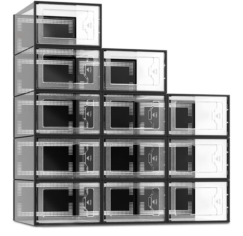 12 Pack Shoe Storage Box, Clear Plastic Stackable Shoe Organizer for Closet, Space Saving Shoe Rack for Entryway Sneaker Container Bin Holder (Black)