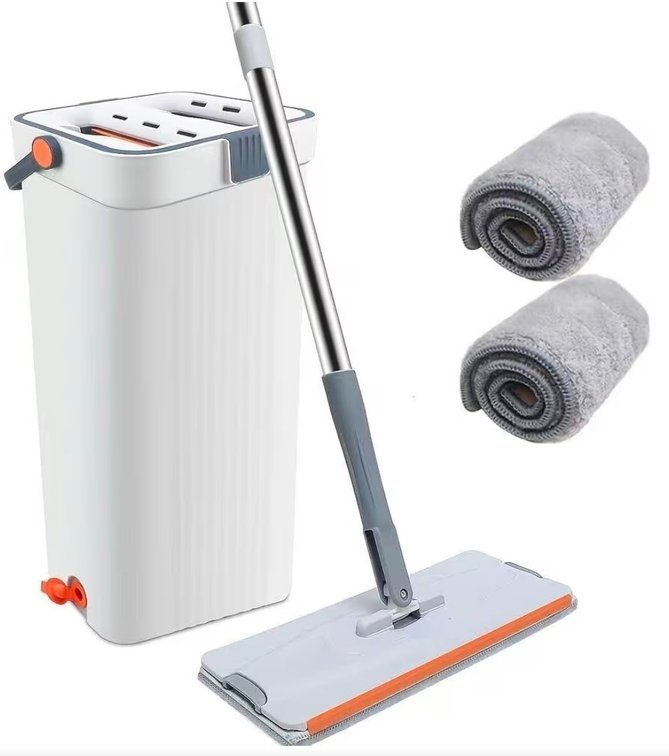 Flat Mop and Bucket Set, 2-Section Self-Cleaning Mop Bucket with Drain Plug, 360° Swivel Microfiber Mop for Floor Cleaning, Home, Kitchen, Tile & Hardwood Floors