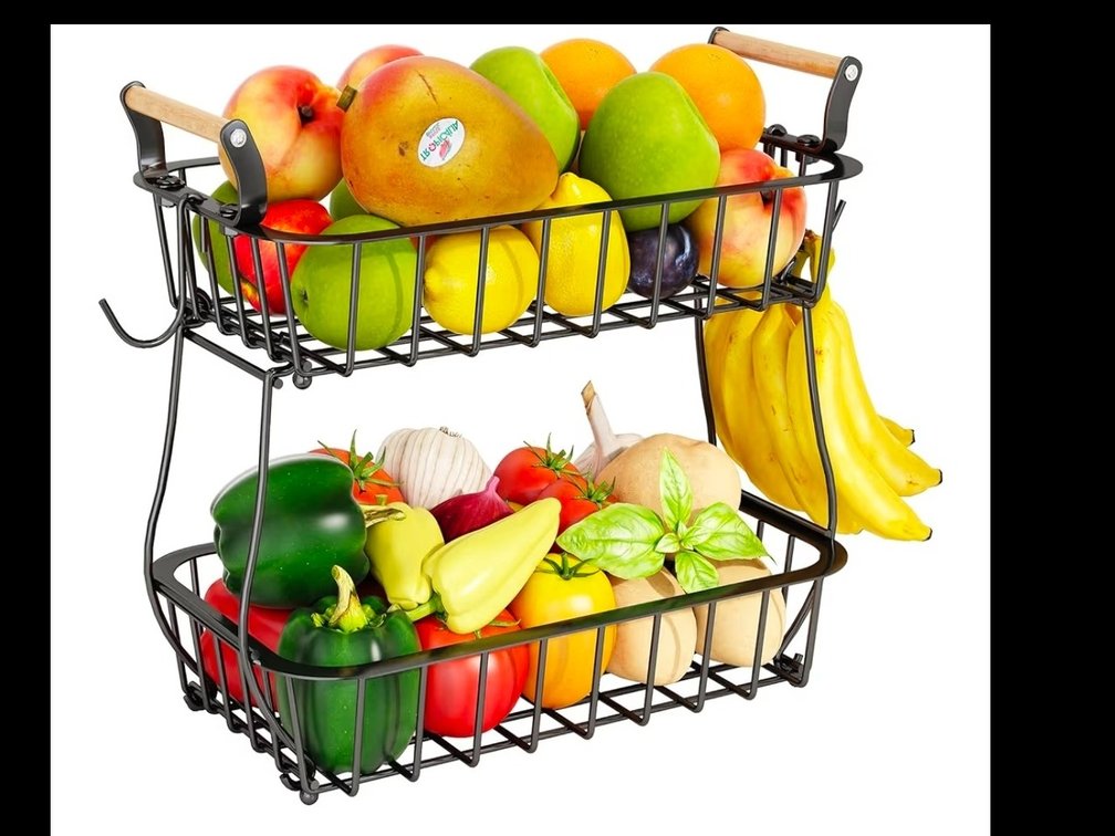 2 Tier Fruit Basket with 2 Banana Hangers, Countertop Fruit Vegetable Basket Bowl for Kitchen Counter Metal Wire Fruits Storage Stand Holder Organizer for Bread Snack Veggies Produce