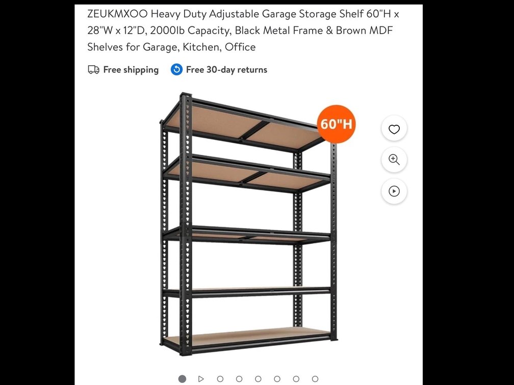 ZEUKMXOO Heavy Duty Adjustable Garage Storage Shelf 60"H x 28"W x 12"D, 2000lb Capacity, Black Metal Frame & Brown MDF Shelves for Garage, Kitchen, Office