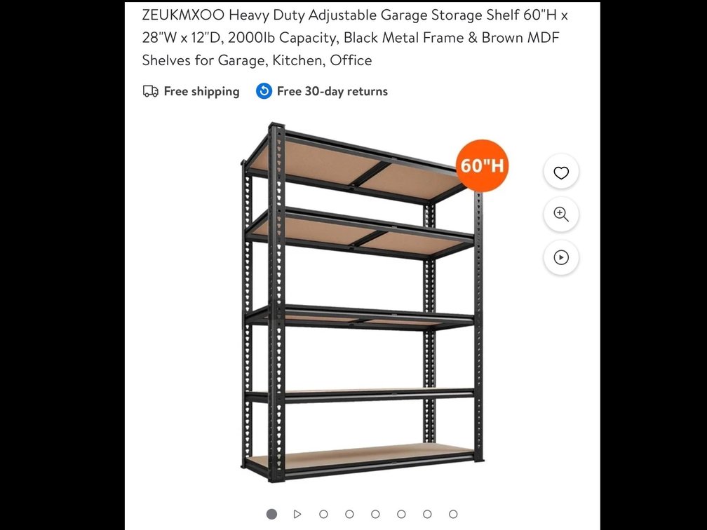 ZEUKMXOO Heavy Duty Adjustable Garage Storage Shelf 60"H x 28"W x 12"D, 2000lb Capacity, Black Metal Frame & Brown MDF Shelves for Garage, Kitchen, Office
