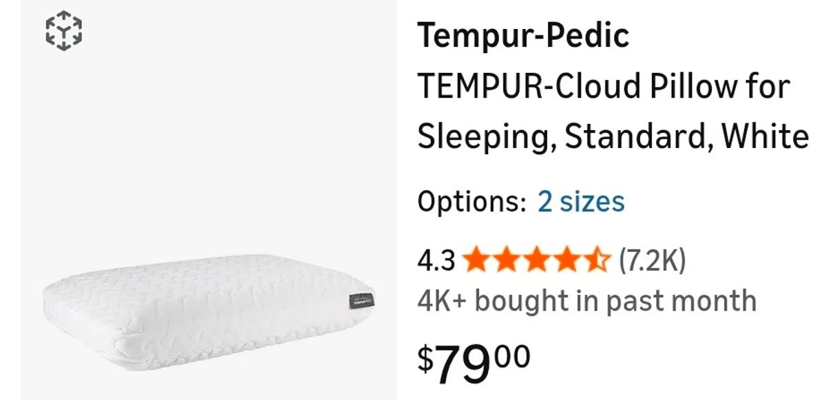 Retails $79.99Tempur-Pedic TEMPUR-Cloud Pillow for Sleeping, Standard, White