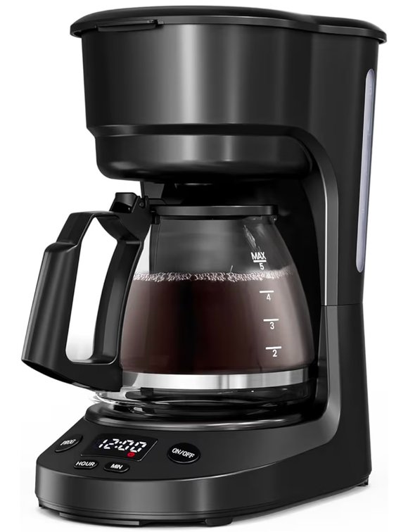 WAA 5 Cup Drip Coffee Maker, Portable Coffee Machine with Programmable Timer, Coffee Pots with Reusable Filter, Auto Shut-Off and Keep Warm Plate, Delay Brew, 25oz Water Tank, Black