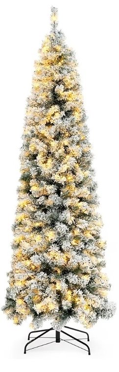 Okicoler Pre-Lit Snow Flocked Artificial Holiday Pencil Slim Christmas Tree with Warm Lights and Metal Base Stand for Home, Office, Party Decoration,White (6.5ft)