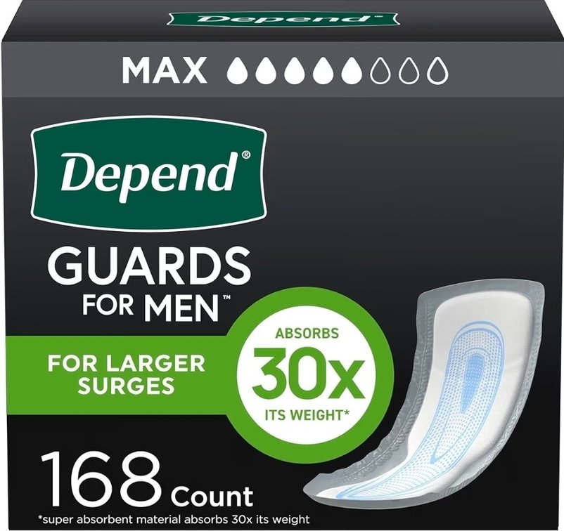 Depend Guards Incontinence Pads for Men, Maximum Absorbency, 168 Count (2 Packs of 84), Packaging May Vary