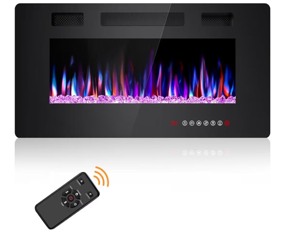 Retails $179.99 Joy Pebble 36 Inch Electric Fireplace Inserts, in-Wall Recessed and Wall Mounted 750/1500W Fireplace Heater, Touch Screen, Remote Control with Timer, Adjustable Flame Color and Speed