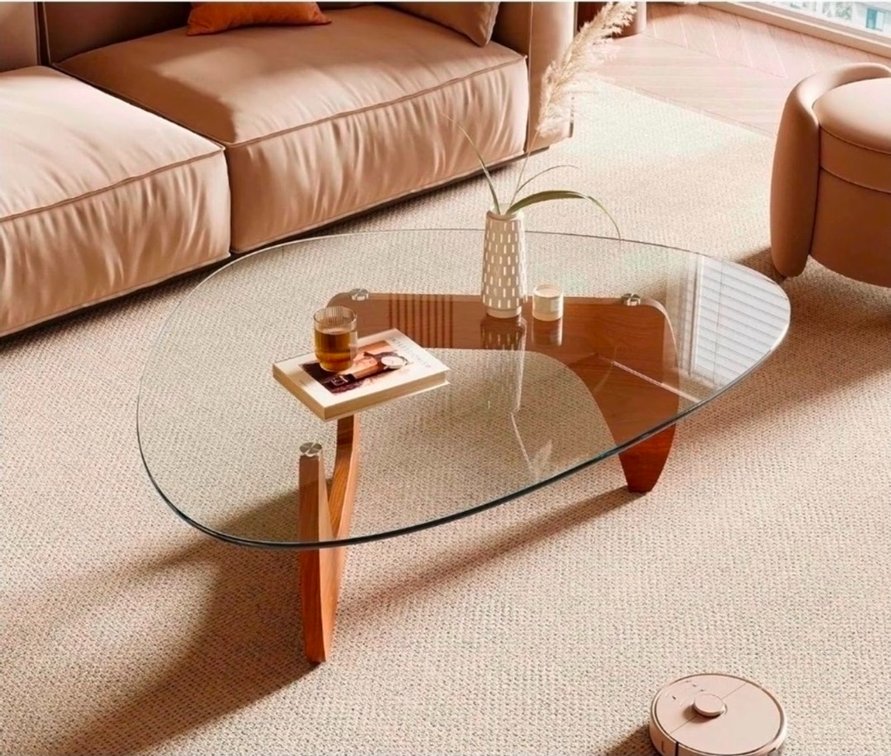 Retails $139 Honyee Morden Coffee Table, 42.5" x 28.5" x 16.1" Triangle Tempered Glass Top for Living Room, Color: Natural Wood