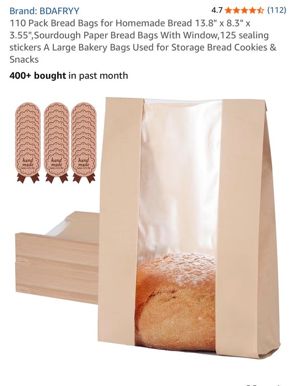 110 Pack Bread Bags for Homemade Bread 13.8" x 8.3" x 3.55",Sourdough Paper Bread Bags With Window,125 sealing stickers A Large Bakery Bags Used for Storage Bread Cookies & Snacks