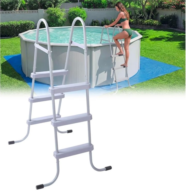 Above Ground Pool Ladder Steel Frame Swimming Pool Entry Exit Ladder Non Slip Metal Frame Steps, Weight Capacity 300lbs(Grey,42 Inch)