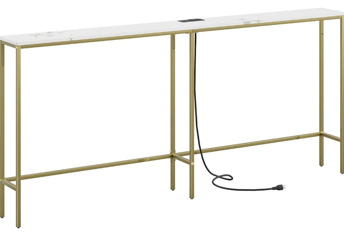 63in Console Table with Power Outlet,Modern Narrow Long Sofa Table Behind Couch,Skinny Entry Table with Gold Metal Frame for Entryway,Living Room, Hallway,Marble White