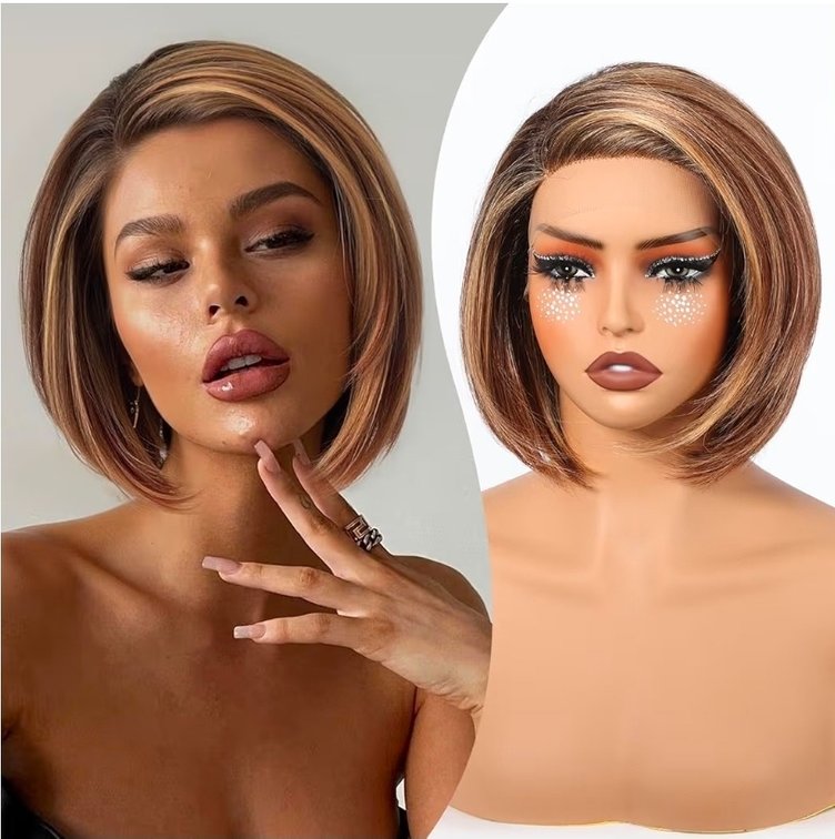 Brown Blonde Mixed Synthetic Lace Front Wig T Part Glueless Short Straight Bob Wigs for Women Daily Party Use 10IN