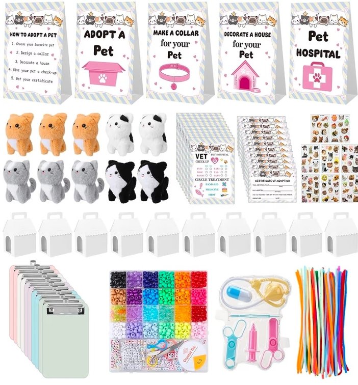 115 Pcs Adopt a Cat Party Favors Pet Adoption Station Package Include 10 Mini Plush Cats 10 Boxes and 95 Adopt a Cat Supplies for Birthday Party Gifts