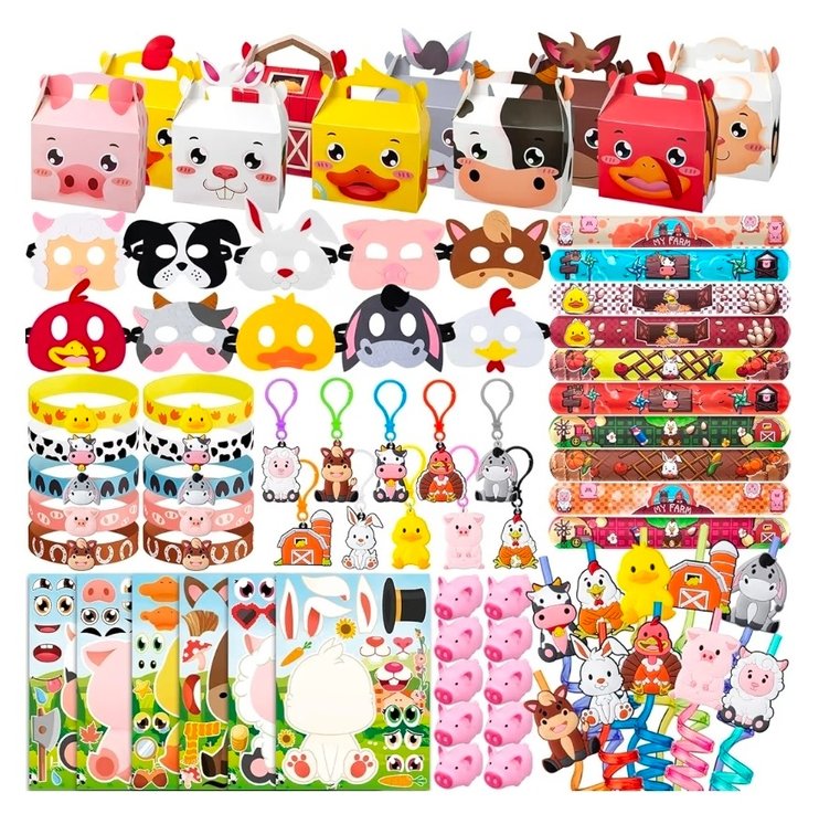 DMIGHT Farm Animals Birthday Party Favors Set 82 PCS Barnyard Animal Masks Sticker Keychains Straw Slap wristbands Rubber Pigs Gift for Kids Birthday Party Baby Shower Goodie Bag Filles Supplies