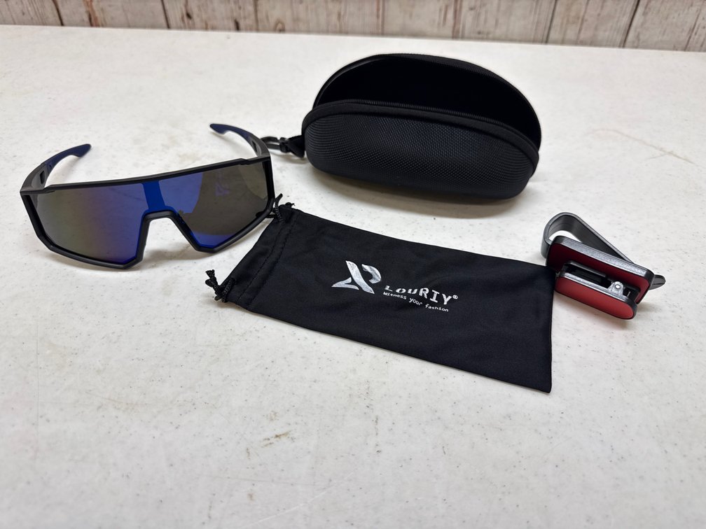 Navy and black sunglasses with visor clip