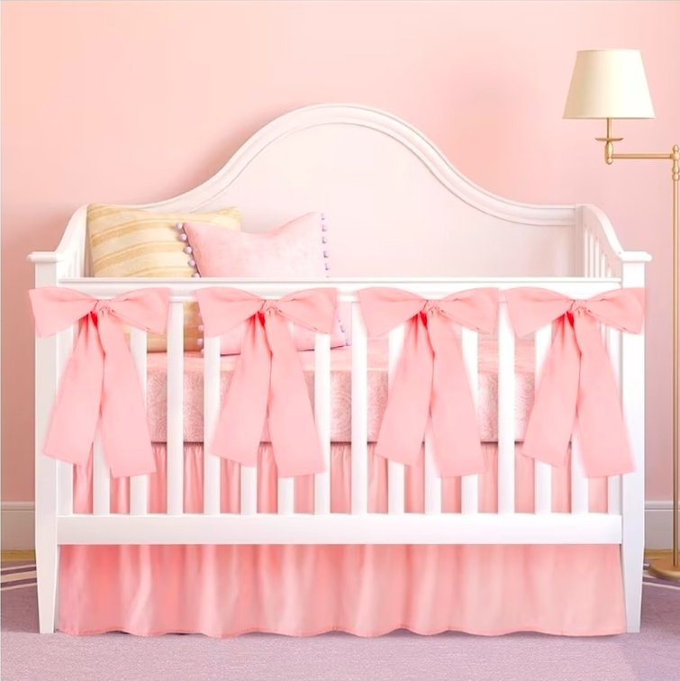 SmoothNovelty Pink Crib Bed Skirts with 4 Large Cot Bow 28" x 52" Baby Crib Skirt for Boys Girls Nursery Toddler Bedskirt Dust Ruffle 14"