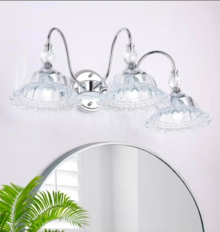 Chrome Bathroom Vanity Light Fixtures 3 Lights Vanity Lights for Bathroom with Floral Crystal Glass Shade Modern Wall Sconce Light
