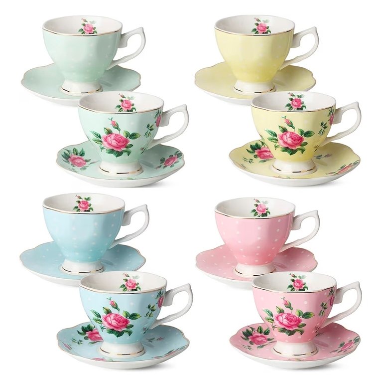 BTaT- Floral Tea Cups and Saucers, Set of 8, 8 oz, Fine Porcelain Teacup Set with Gold Trim for Afternoon Tea, Weddings, Parties & Gifting, Dishwasher Safe, Lightweight, Non-Toxic, Mothers Day Gift