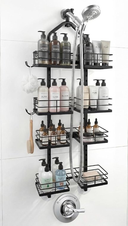 Shower Caddy Hanging for Handheld Shower Heads, 4-Tier Adjustable Hagging Shower Caddy, Stainless Steel Hose Hanging Shower Organizer with 2 S-Hooks, Matte Black