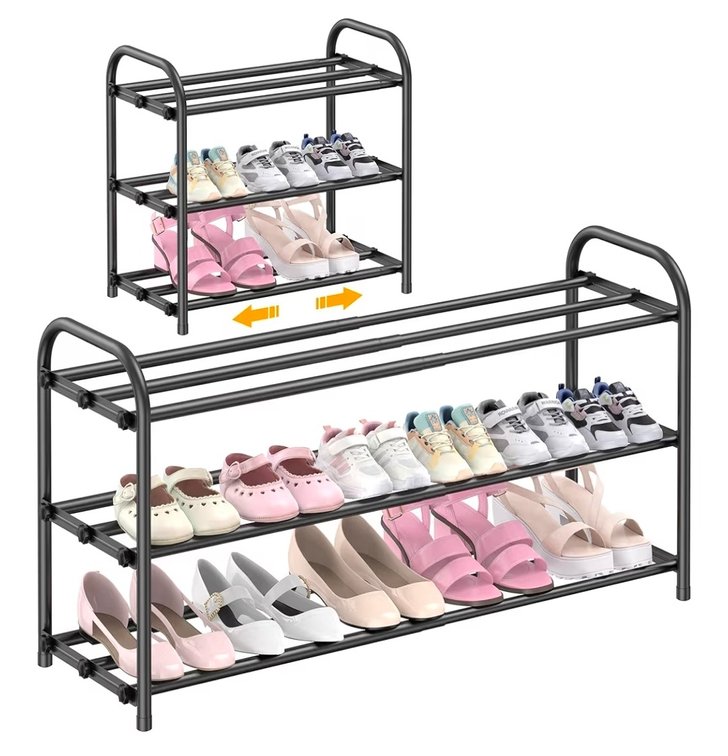 3-Tier Expandable Shoe Rack,Adjustable Shoe Shelf Storage Organizer Heavy Duty Metal Free Standing Shoe Rack for Entryway, Closet,Living Room,Dorm,Black