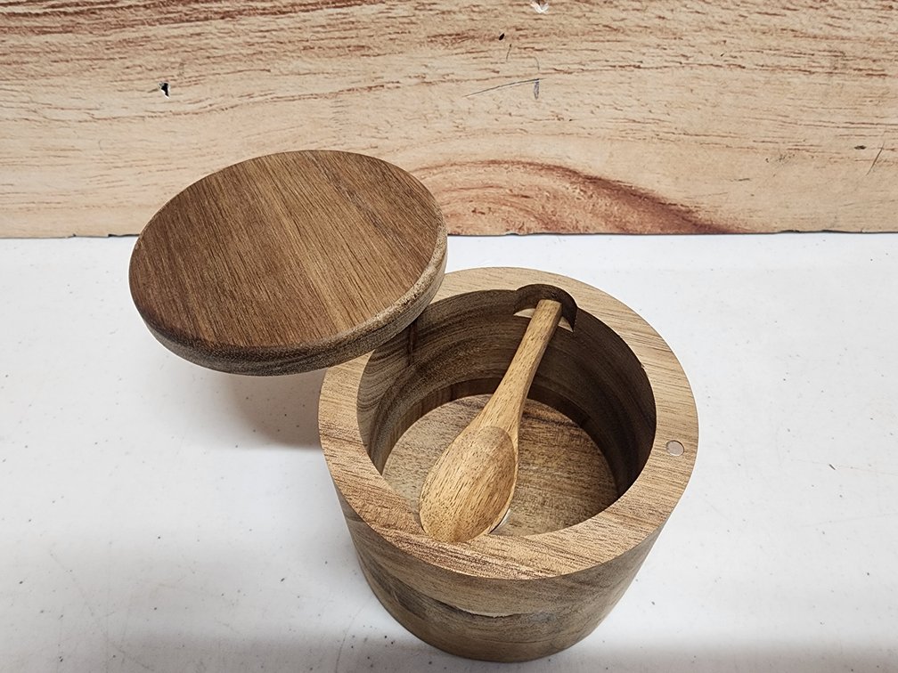 Acacia Wood Salt and Pepper Bowl, Nature Wood Salt Cellar and Spices Storage Box With Built-in Spoon and Magnetic Swivel Lid (Single Compartment 6.5 oz)