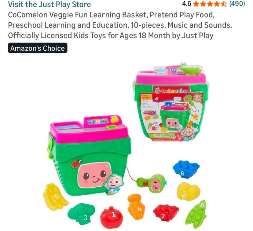 CoComelon Veggie Fun Learning Basket, Pretend Play Food, Preschool Learning and Education, 10-pieces, Music and Sounds,