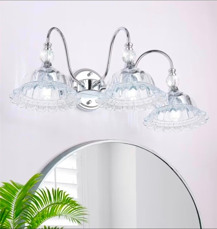Chrome Bathroom Vanity Light Fixtures 3 Lights Vanity Lights for Bathroom with Floral Crystal Glass Shade Modern Wall Sconce Light
