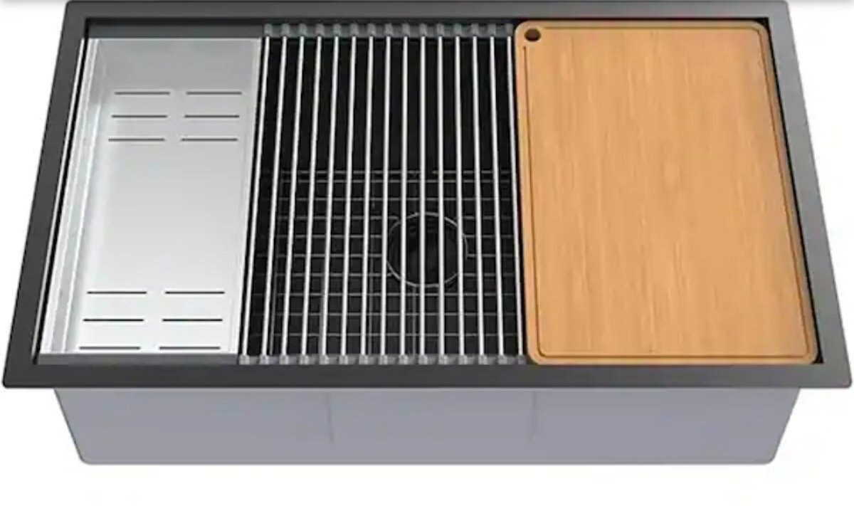 Karl home 33 Inch Single Bowl Drop-In Black Stainless Steel Integrated Ledge Multifunctional Workstation Sink Set in Black