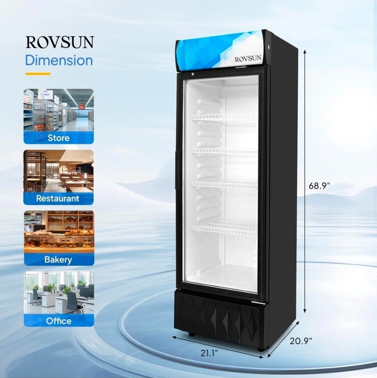 Retails $600 ROVSUN 21" 8 Cu.Ft. Black Glass Door Merchandising Refrigerator