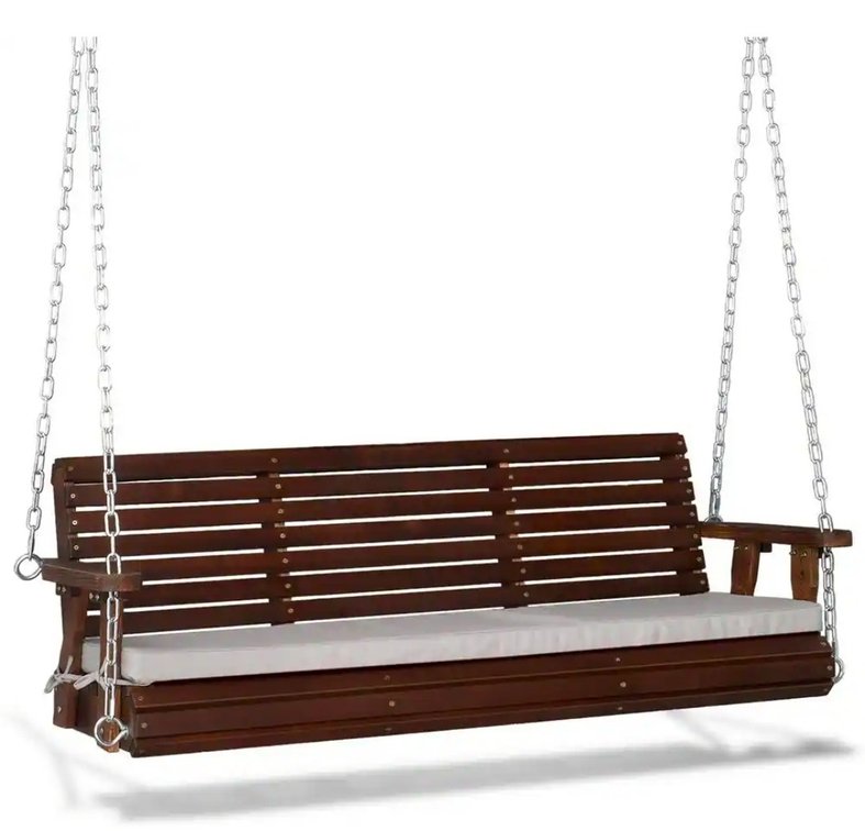 5 ft. Rustic 3-Person Wood Outdoor Porch Swing with Grey Cushions Adjustable Chains, Support 880 lbs.